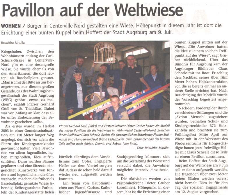 "Bunte Kuppel" Sozialplastik 2005 Weltwiese Augsburg Presse Augsburger Stadtzeitung 08.06.2005